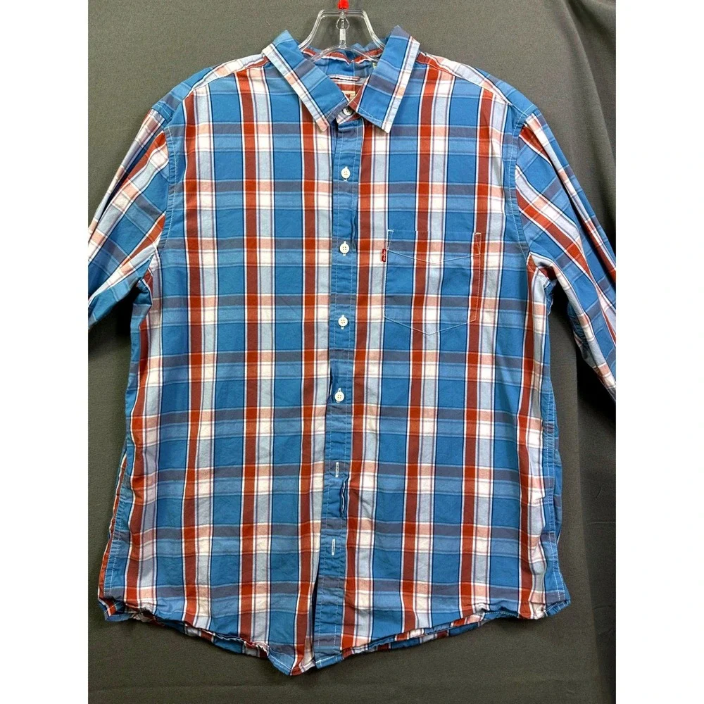 Levis Men's Long Sleeve Plaid Button Down Shirt Blue Orange Standard Fit Large